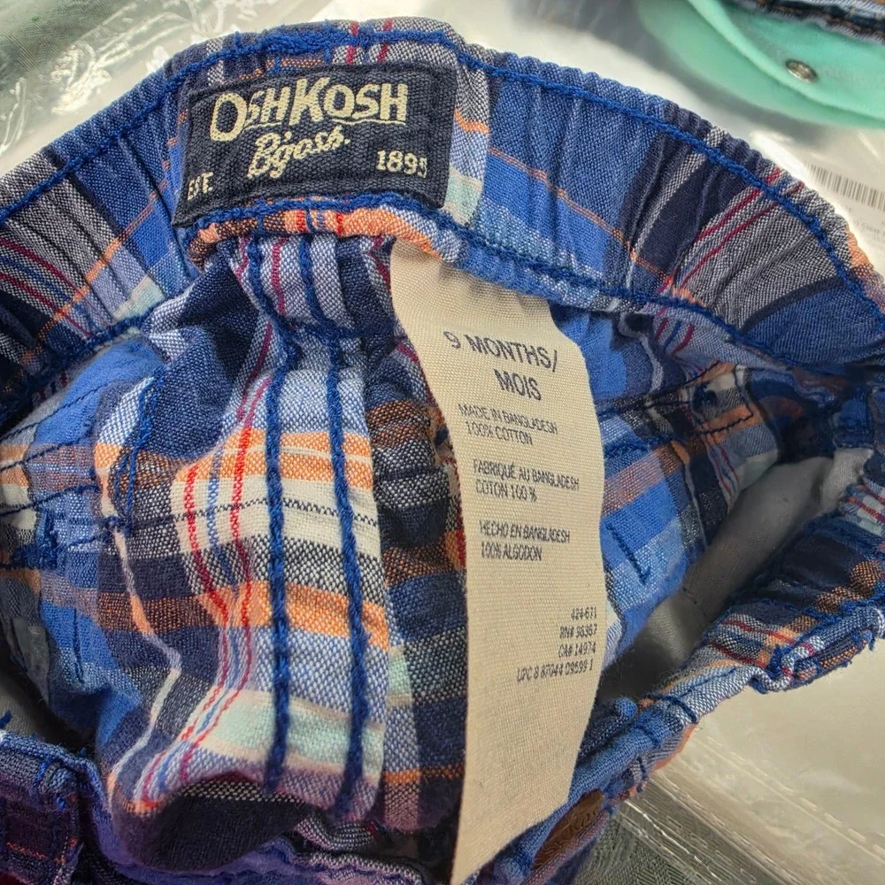 OshKosh Bgosh Baby Boys Blue Orange Plaid Cotton Shorts 9 Months 434-671